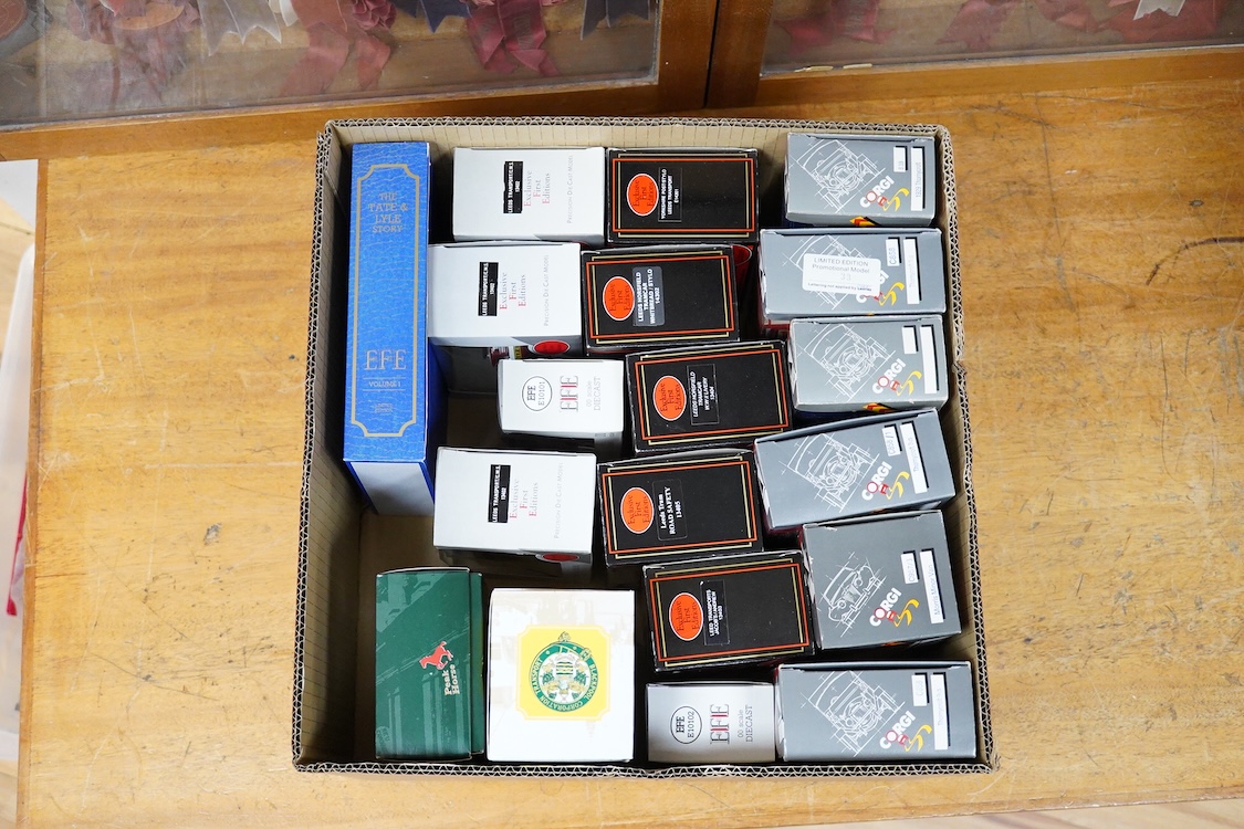 Forty-five boxed diecast trams, buses and other commercial vehicles by Corgi Classic, Corgi OOC, and EFE, operators include Leeds tram, the Tate & Lyle Story set, Blackpool Corporation Transport (seven examples), Thornyc